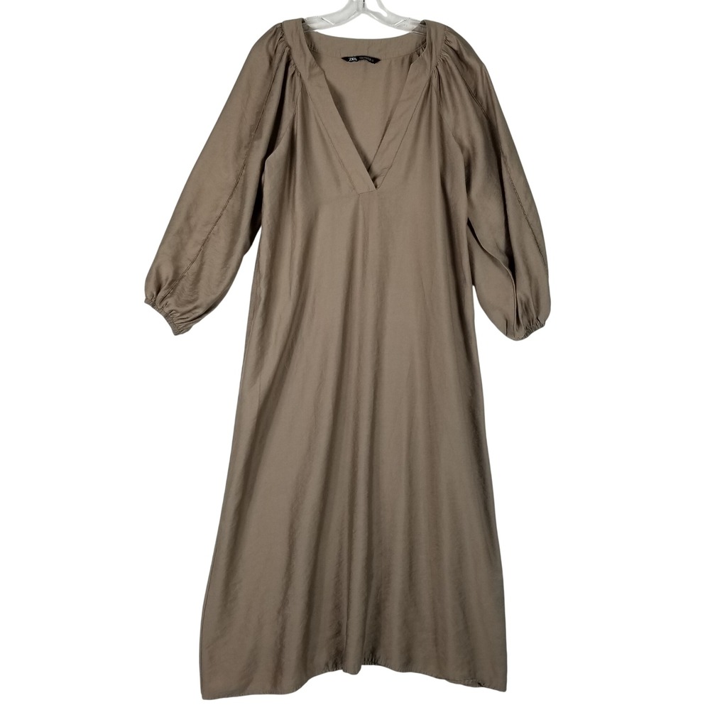 Zara Midi Dress Womens Medium Taupe V-Neck Balloon Sleeve Loose Fit Viscose